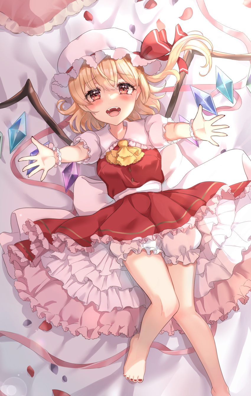 1girl bed_sheet blonde_hair bloomers blush collared_shirt crystal fingernails flandre_scarlet frilled_shirt_collar frilled_skirt frilled_sleeves frills hair_between_eyes hat highres long_hair looking_at_viewer mob_cap nail_polish one_side_up open_mouth red_eyes red_nails red_skirt red_vest shirt short_sleeves skirt solo toenails touhou underwear vest wheat_retzel white_bloomers white_headwear white_shirt wings wrist_cuffs
