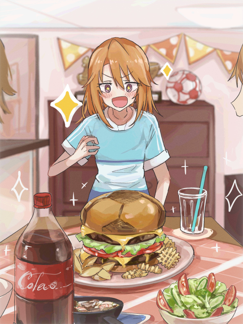 +_+ 1girl 2others ball blush burger cola cup drinking_straw food hachiya_(silica_q) highres idolmaster idolmaster_cinderella_girls indoors looking_at_food multiple_others orange_hair oversized_food oversized_object salad short_sleeves smile soccer_ball solo_focus sparkle yuuki_haru