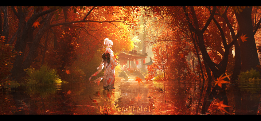 1girl absurdres architecture arms_at_sides autumn autumn_leaves blush bush day east_asian_architecture english_text falling_leaves floral_print forest hair_between_eyes hair_bun highres japanese_clothes kimono landscape leaf letterboxed lifeline_(a384079959) long_sleeves maple_leaf maple_tree nature obi original outdoors plant pond print_kimono reflection reflective_water sash scenery short_hair shrine sidelocks solo stairs tree walking white_hair white_kimono wide_shot wide_sleeves