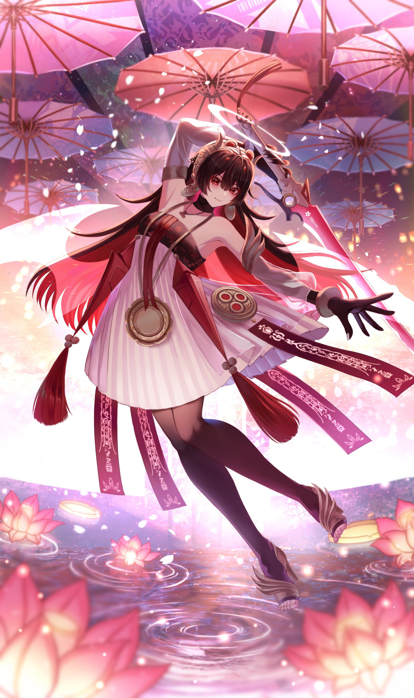 1girl absurdres bare_shoulders black_gloves black_hair black_pantyhose chinese_clothes colored_inner_hair dress earrings elbow_gloves fake_horns flower gloves gold_bracelet gold_earrings hair_between_eyes halo highres holding holding_sword holding_weapon horns jewelry long_hair lotus lucia:_plume_(eventide_glow)_(punishing:_gray_raven) multicolored_hair pantyhose punishing:_gray_raven red_eyes see-through see-through_sleeves sidelocks sword toi_pngr weapon white_dress