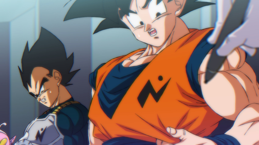2boys 2others armor black_eyes black_hair clenched_teeth commentary_request dougi dragon_ball dragon_ball_super furrowed_brow holding holding_marker male_focus marker multiple_boys multiple_others muscular muscular_male rom_(20) son_goku sweatdrop teeth vegeta widow's_peak
