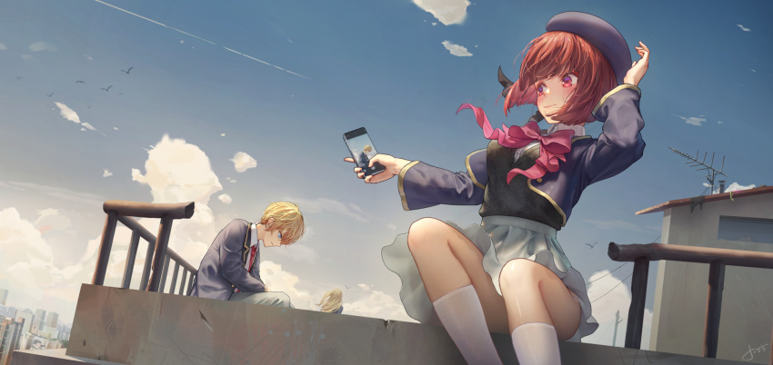 1boy 2girls arima_kana beret black_bow black_sweater_vest blazer blonde_hair blue_eyes blue_headwear blue_jacket blue_sky blush bob_cut bow bowtie breasts cellphone city closed_mouth clouds collared_shirt commentary contrail cropped_jacket dress_shirt english_commentary feet_out_of_frame floating_hair flock from_behind grey_pants grey_skirt hat hat_bow highres holding holding_phone hoshino_aquamarine hoshino_ruby inverted_bob jacket jay_xu kneehighs long_hair long_sleeves medium_breasts medium_hair multiple_girls necktie no_pupils one_side_up open_clothes open_jacket oshi_no_ko outdoors pants phone pink_bow pink_bowtie radio_antenna railing red_eyes red_necktie redhead rooftop school_uniform shirt short_hair signature sitting skirt sky smartphone socks sweater_vest taking_picture white_shirt white_socks youtou_high_school_uniform