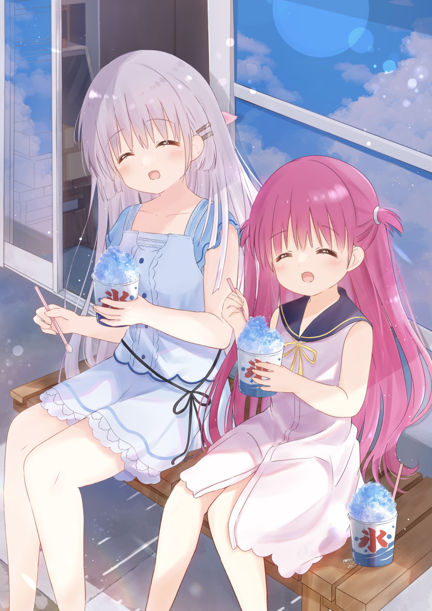2girls :d ^_^ absurdres blue_sailor_collar blue_sky candy_store center_frills closed_eyes comiket_101 commentary_request day dress eating fang feet_out_of_frame food frilled_dress frills hair_between_eyes hair_ornament hairclip happy highres holding holding_food holding_ice_cream holding_spoon ice_cream katou_umi lens_flare light_particles long_hair multiple_girls naruse_shiroha open_mouth outdoors purple_hair reflection ribbon sailor_collar sailor_dress sakura_aki shaved_ice shop short_dress sitting sky sleeveless sleeveless_dress smile spoon straight_hair summer_pockets two_side_up very_long_hair white_dress white_hair window yellow_ribbon