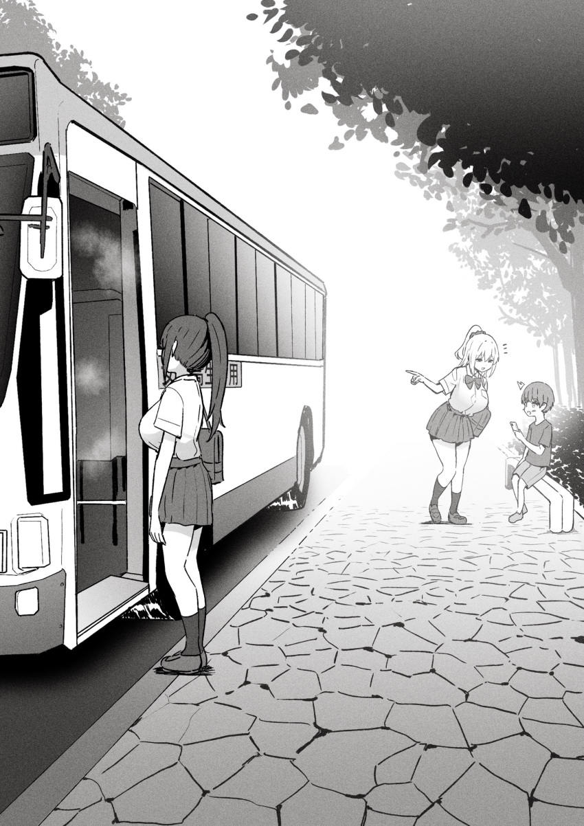 1boy 2girls ^^^ bag breasts bus commentary_request greyscale highres holding holding_phone large_breasts male_child monochrome motor_vehicle multiple_girls notice_lines original outdoors phone pointing ponytail road school_bag school_uniform shirt_tucked_in sidewalk sitting sky-freedom tree