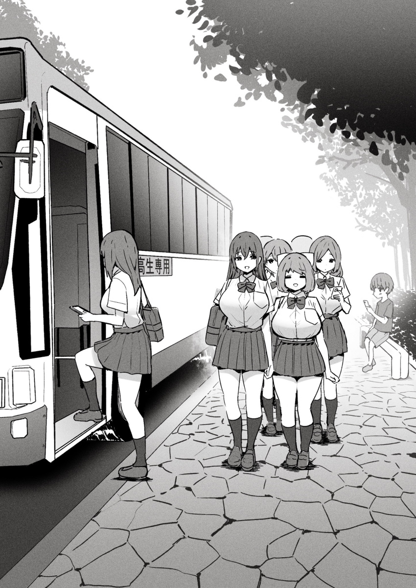 1boy 6+girls bag breasts bus commentary_request greyscale highres holding holding_phone large_breasts male_child monochrome motor_vehicle multiple_girls original outdoors phone road school_bag school_uniform shirt_tucked_in sidewalk sitting sky-freedom tree walking