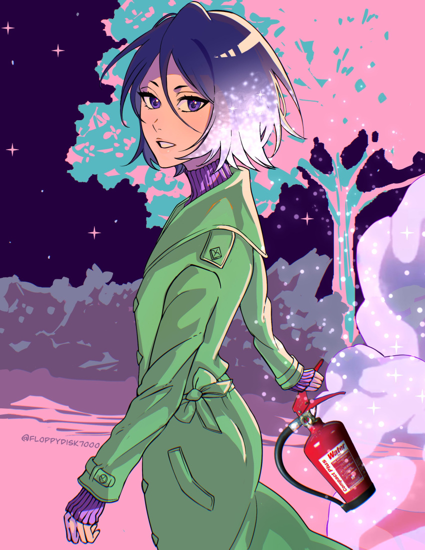 1girl absurdres black_hair bleach bleach:_the_thousand-year_blood_war coat commentary cowboy_shot english_commentary eyelashes fire_extinguisher floppydisk7000 green_coat hair_between_eyes highres kuchiki_rukia long_sleeves looking_at_viewer night nose open_mouth outdoors short_eyebrows short_hair smile snow solo standing steam tree twitter_username violet_eyes