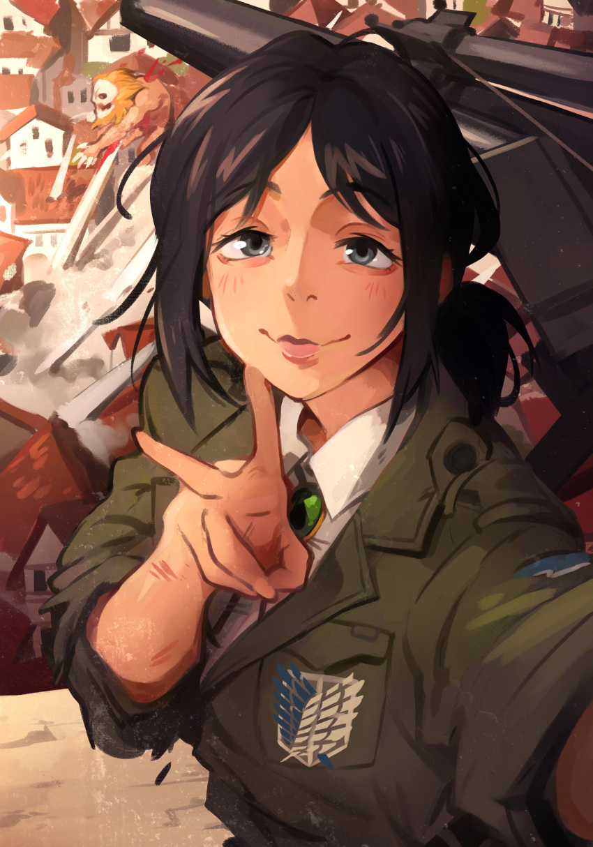 1girl absurdres blush building character_request collared_shirt green_jacket grey_eyes hand_up highres jacket khyle. looking_at_viewer shingeki_no_kyojin shirt smile upper_body v white_shirt