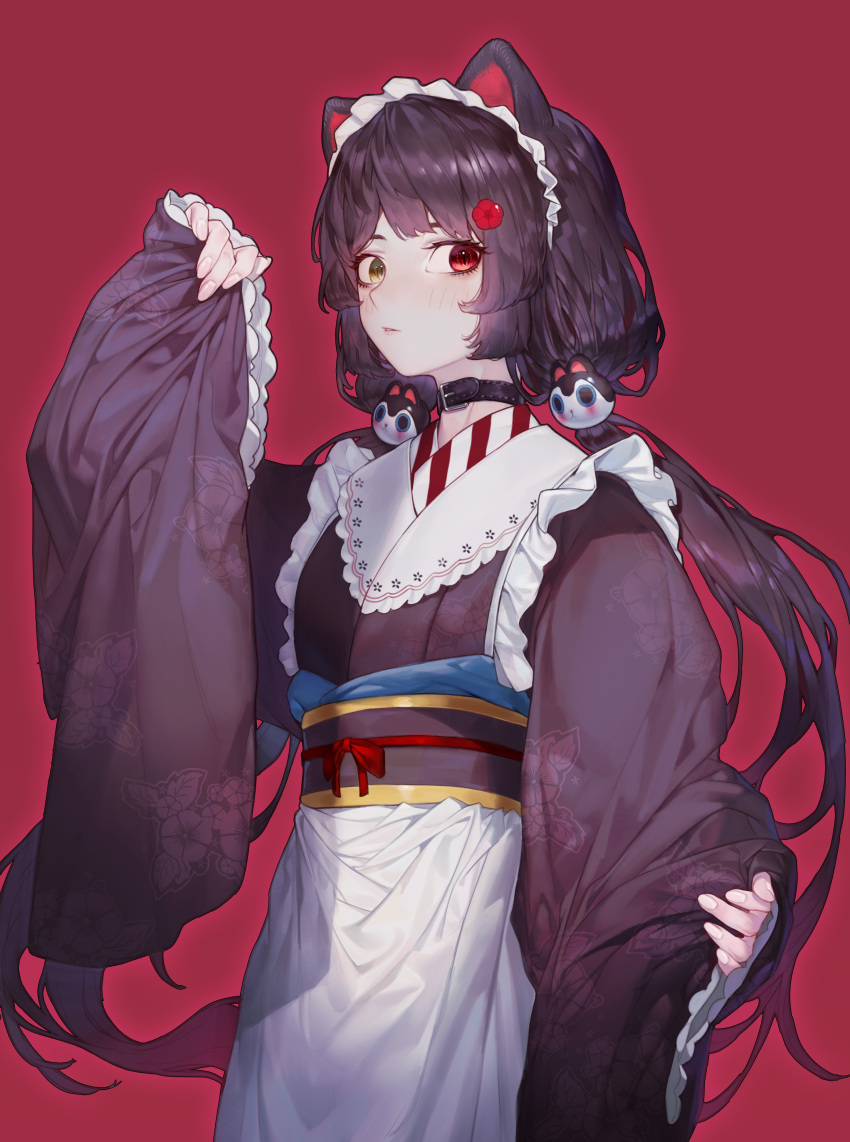 1girl absurdres alucard_pie animal_ears apron black_choker blush brown_hair brown_kimono brown_sash choker cowboy_shot dog_ears dog_hair_ornament floral_print flower frilled_sleeves frills hair_flower hair_ornament highres inui_toko inui_toko_(1st_costume) japanese_clothes kimono long_hair looking_at_viewer low_twintails maid maid_apron nijisanji obi parted_lips red_background red_eyes red_flower sash sidelocks simple_background sleeves_past_wrists solo standing twintails very_long_hair virtual_youtuber wa_maid waist_apron white_apron yellow_eyes