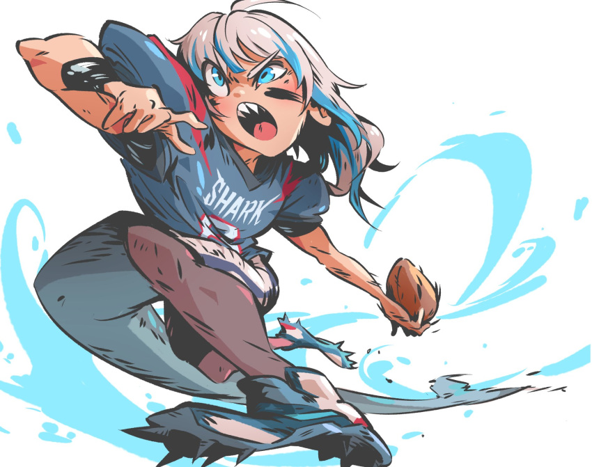 1girl american_football american_football_(object) american_football_uniform ball blue_eyes blue_footwear fins fish_tail gawr_gura highres hololive hololive_english khyle. multicolored_hair open_mouth print_shirt shark_girl shark_tail sharp_teeth shirt shoes short_sleeves solo sportswear streaked_hair tail teeth upper_teeth_only virtual_youtuber white_background white_hair