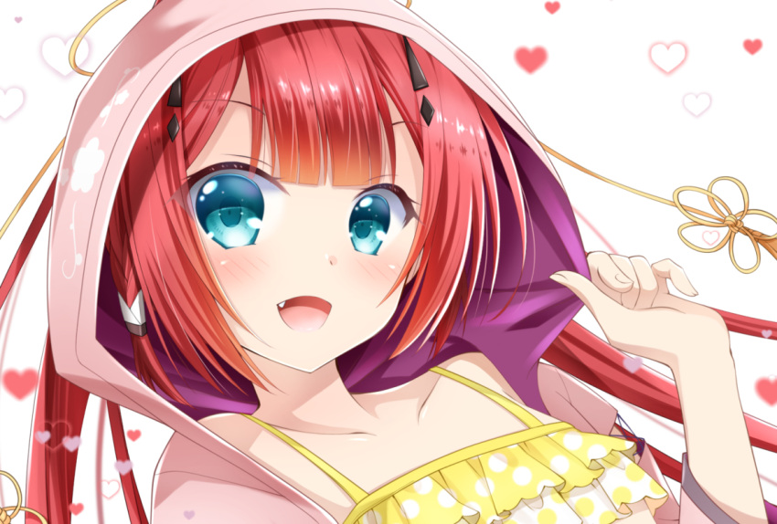 1girl 2020 :d aqua_eyes bikini blunt_bangs blush chibinon close-up collarbone commentary_request dated_commentary eyelashes fang fingernails hand_up happy heart hood hood_up hooded_kimono japanese_clothes kamiyama_shiki kimono looking_at_viewer low_twintails open_mouth pink_kimono redhead simple_background smile solo summer_pockets swimsuit twintails white_background yellow_bikini