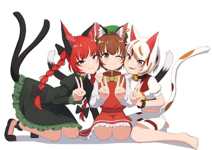 3girls absurdres animal_ear_fluff animal_ears asakura_haru bare_legs barefoot black_bow black_footwear bow breasts brown_eyes brown_hair cat_ears cat_tail chen commentary_request double_v dress earrings goutokuji_mike green_dress hair_bow hair_ribbon hand_up hands_up highres jewelry juliet_sleeves kaenbyou_rin light_blush light_smile long_sleeves looking_at_viewer multicolored_hair multiple_girls multiple_tails nekomata no_socks orange_eyes puffy_sleeves redhead ribbon seiza shadow short_hair single_earring sitting slit_pupils small_breasts straight-on streaked_hair tail textless_version toes touhou tress_ribbon two_tails v yuri