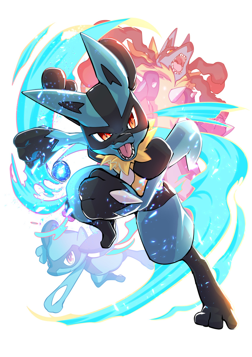:d :o absurdres animal_focus aura black_fur blue_fur body_fur commentary energy energy_ball evolutionary_line fighting_stance full_body highres holding kakashino_kakato leg_up looking_at_viewer lucario mega_lucario mega_pokemon multicolored_fur no_humans open_mouth pokemon pokemon_(creature) red_eyes riolu sharp_teeth simple_background smile snout solo spikes standing tail teeth v-shaped_eyebrows white_background yellow_fur