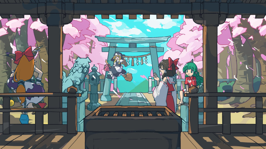 4girls architecture black_dress blue_sky bow box broom broom_riding cherry_blossoms closed_mouth clouds commentary day detached_sleeves doggo_1d34 donation_box dress east_asian_architecture forest from_behind green_eyes green_hair hair_bow hakurei_reimu hakurei_shrine highres horns ibuki_suika kirisame_marisa komano_aunn looking_at_another multiple_girls nature nontraditional_miko open_mouth orange_hair red_bow red_shirt red_skirt red_vest rope shide shimenawa shirt short_sleeves shorts shrine sitting skirt sky smile spring_(season) standing statue stone_lantern torii touhou tree vest white_sleeves wide_shot witch yawning