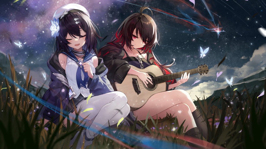 2girls ahoge alternate_costume beret black_footwear black_hair black_jacket black_skirt black_sleeves blue_jacket blue_sleeves bug butterfly clenched_hand closed_eyes closed_mouth colored_inner_hair crossed_legs flower goomrrat grass hair_flower hair_ornament hat highres honkai_(series) honkai_impact_3rd instrument jacket long_hair looking_at_another multicolored_hair multiple_girls music night on_grass open_mouth outdoors playing_instrument red_eyes redhead sailor_collar sailor_shirt seele_vollerei seele_vollerei_(starchasm_nyx) shirt short_hair singing sitting skirt smile thigh-highs white_thighhighs