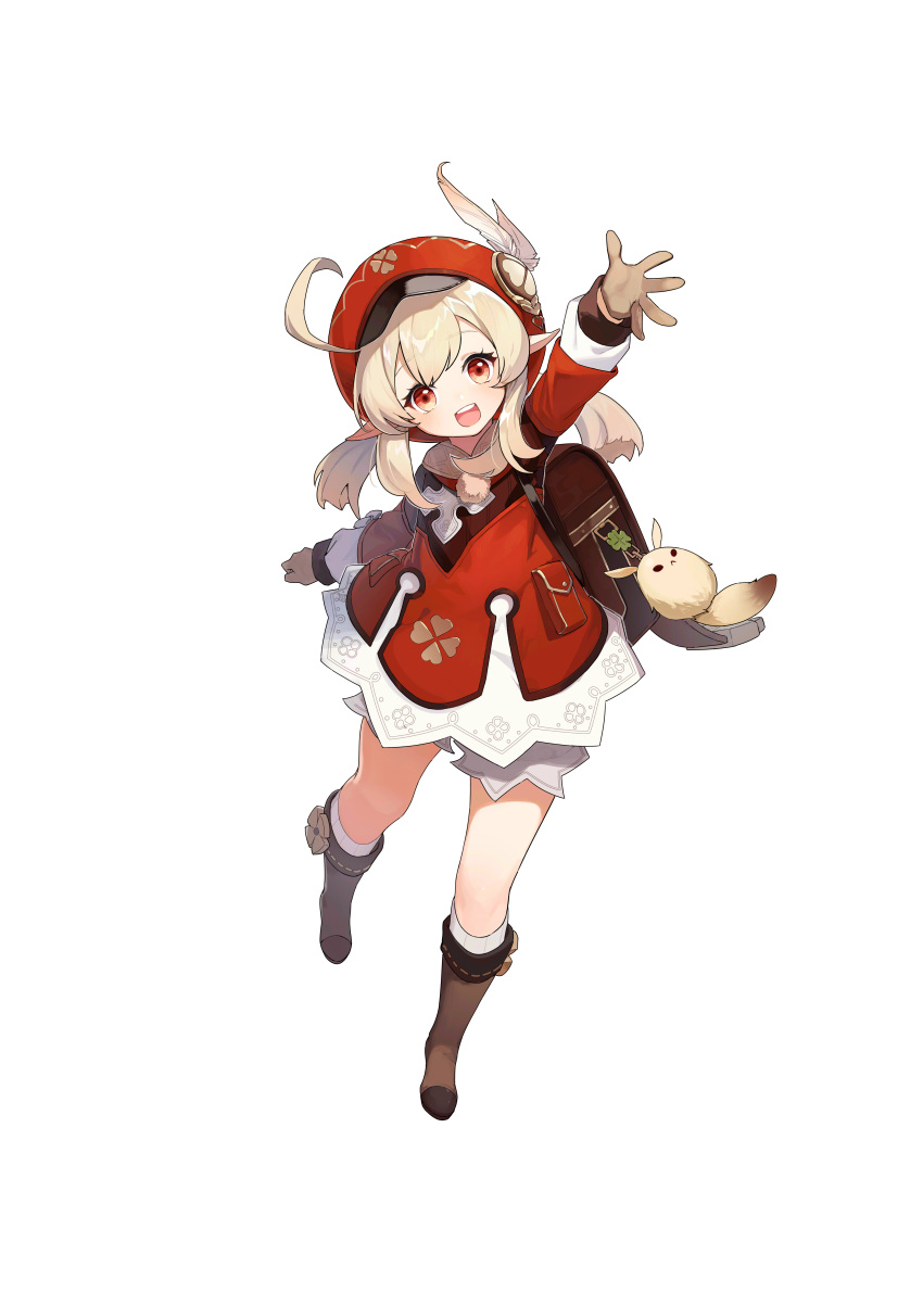 1girl :d absurdres ahoge backpack bag bag_charm boots brown_footwear brown_gloves brown_scarf cabbie_hat charm_(object) clover_print coat dodoco_(genshin_impact) full_body genshin_impact gloves hair_between_eyes hat hat_feather hat_ornament highres klee_(genshin_impact) knee_boots kneehighs long_hair long_sleeves looking_at_viewer low_twintails official_art open_mouth pocket pointy_ears randoseru red_eyes red_headwear scarf simple_background smile socks solo twintails white_background