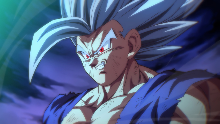 1boy commentary_request dirty dragon_ball dragon_ball_super dragon_ball_super_super_hero evil_grin evil_smile gohan_beast grey_hair grin male_focus muscular muscular_male portrait red_eyes rom_(20) smile solo son_gohan spiky_hair