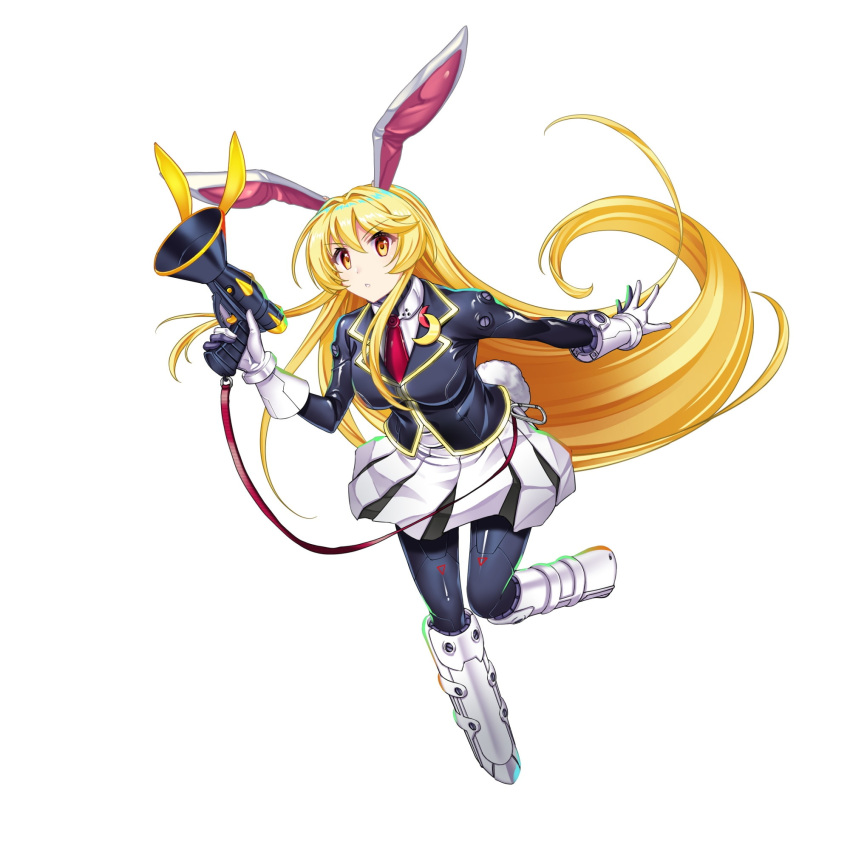 1girl adapted_costume alternate_eye_color alternate_hair_color animal_ears black_jacket blazer blonde_hair breasts closed_mouth full_body game_cg gloves gun highres holding holding_gun holding_weapon jacket large_breasts long_hair long_sleeves looking_at_viewer lunatic_gun necktie rabbit_ears rabbit_girl rabbit_tail red_necktie reisen_udongein_inaba reisen_udongein_inaba_(lunatic_space_youkai) rotte_(1109) shirt simple_background solo tail third-party_source touhou touhou_lost_word weapon white_background white_gloves white_shirt yellow_eyes