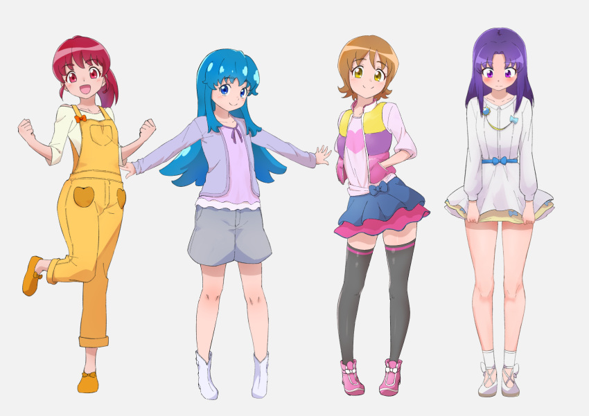 4girls :d aino_megumi aino_megumi_(cosplay) black_thighhighs blue_eyes blue_hair blue_skirt brown_hair closed_mouth cosplay costume_switch dress embarrassed full_body grey_shorts happinesscharge_precure! heart heart_print highres hikawa_iona hikawa_iona_(cosplay) jwetefmgyvhlxqn layered_dress layered_skirt long_hair long_sleeves looking_at_viewer looking_down miniskirt multiple_girls oomori_yuuko oomori_yuuko_(cosplay) open_mouth pink_shirt ponytail precure print_shirt purple_hair red_eyes red_skirt redhead shirayuki_hime shirayuki_hime_(cosplay) shirt short_dress short_hair shorts simple_background skirt smile standing standing_on_one_leg straight_hair thigh-highs violet_eyes white_background white_dress white_footwear yellow_dress yellow_eyes zettai_ryouiki