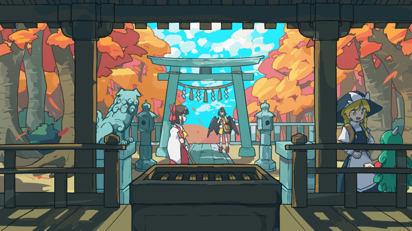 4girls apron architecture autumn bird_wings black_dress black_headwear blonde_hair blue_sky bow box broom brown_hair clouds commentary day doggo_1d34 donation_box dress east_asian_architecture forest green_hair hair_bow hakurei_reimu hakurei_shrine hat hat_bow highres holding holding_broom horns kirisame_marisa komano_aunn long_hair long_sleeves looking_at_another multiple_girls nature open_mouth red_bow red_skirt red_vest rope scenery shameimaru_aya shide shimenawa shrine single_horn skirt sky standing statue stone_lantern torii touhou tree vest white_apron white_bow white_sleeves wide_shot wide_sleeves wings witch witch_hat yellow_eyes