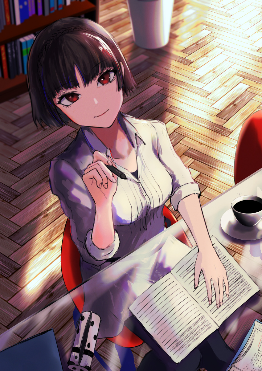 1girl absurdres bookshelf breasts brown_hair cup denim highres holding holding_pencil jeans looking_at_viewer mechanical_pencil niijima_makoto pants pencil pencil_case persona persona_5 red_eyes saucer short_hair sitting smile solo yuu_(primenumber7)
