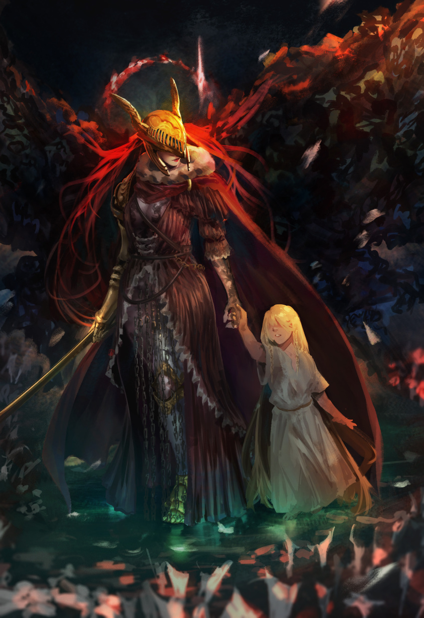 1boy 1girl absurdres black_background blonde_hair braid brother_and_sister brown_dress cloak covered_eyes dress elden_ring flower gold_armor golden_sword guiding_hand hair_over_eyes helmet helmet_over_eyes highres holding holding_hands holding_sword holding_weapon lily_(flower) long_hair looking_at_another looking_down malenia_blade_of_miquella multiple_braids prosthesis prosthetic_arm prosthetic_leg red_cloak redhead robe sentron siblings sword twins wading weapon white_robe winged_helmet