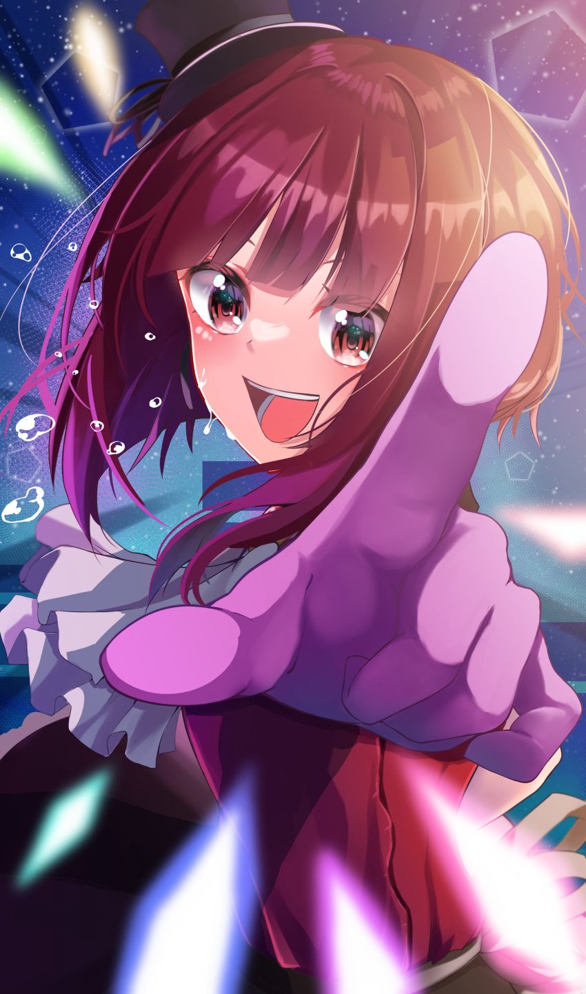 1girl absurdres arima_kana ascot black_headwear blunt_bangs bob_cut foreshortening gloves hat hat_ribbon highres hika3hina3 idol idol_clothes index_finger_raised looking_at_viewer mini_hat mini_top_hat open_mouth oshi_no_ko pink_gloves pointing pointing_at_viewer red_eyes redhead ribbon short_hair smile solo sweat teeth top_hat upper_body white_ascot