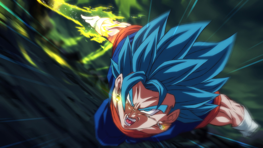 1boy blue_eyes blue_hair blurry blurry_background commentary dragon_ball dragon_ball_super earrings energy_sword furrowed_brow gloves jewelry male_focus muscular muscular_male open_mouth potara_earrings rom_(20) serious solo super_saiyan super_saiyan_blue sword vegetto weapon white_gloves
