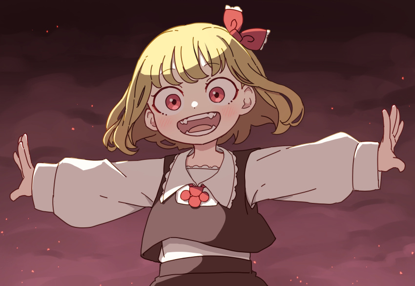 1girl absurdres black_skirt black_vest blonde_hair blush collared_shirt hair_ribbon highres kame_(kamepan44231) long_sleeves open_mouth outstretched_arms red_eyes red_ribbon ribbon rumia shirt short_hair skirt smile solo spread_arms touhou upper_body vest white_shirt