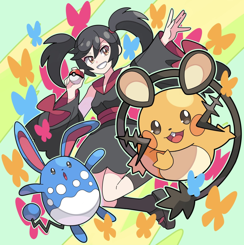 1girl azumarill bare_shoulders black_hair brown_eyes commentary_request dedenne detached_sleeves eyelashes furisode furisode_girl_(pokemon) furisode_girl_kali grin hair_between_eyes highres holding holding_poke_ball japanese_clothes kimono outstretched_arm poke_ball poke_ball_(basic) pokemon pokemon_(creature) pokemon_(game) pokemon_xy sandals smile socks sutokame teeth twintails