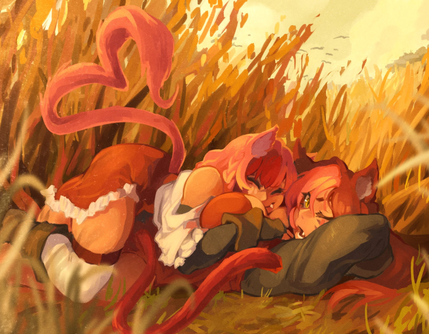 2girls animal_ears arms_behind_head brown_hair cat_ears cat_tail closed_eyes clouds cloudy_sky fang final_fantasy final_fantasy_xiv grass highres khyle. lying miqo'te multiple_girls one_eye_closed pink_hair sabrith_ebonclaw sky tail tayelle_ebonclaw yuri