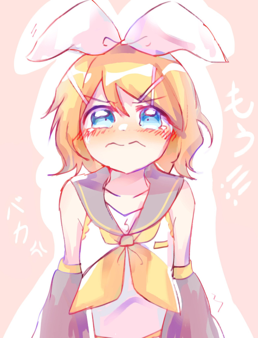 1girl anger_vein angry bare_shoulders blonde_hair blue_eyes blush bow crying crying_with_eyes_open detached_sleeves flat_chest hair_bow hair_ornament hairclip highres kagamine_rin looking_at_viewer sailor_collar shirt short_hair sleeveless sleeveless_shirt solo tabeilu tearing_up tears vocaloid wavy_eyes wavy_mouth white_bow