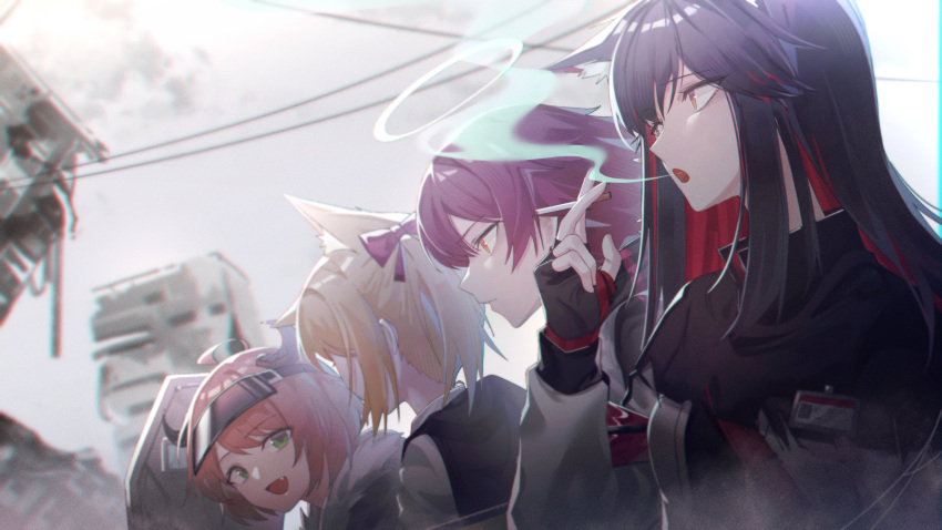 4girls :d absurdres ahoge animal_ear_fluff animal_ears arknights between_fingers black_capelet black_gloves black_hair black_headwear black_vest blonde_hair blurry blurry_background bow capelet cat_ears cigarette closed_mouth commentary_request croissant_(arknights) depth_of_field exusiai_(arknights) fang fingerless_gloves gloves green_eyes hair_between_eyes hair_bow highres holding holding_cigarette horns jacket long_hair long_sleeves multicolored_hair multiple_girls orange_eyes orange_hair puffy_long_sleeves puffy_sleeves purple_bow purple_hair redhead ruins shirt smile smoke smoking sora_(arknights) sye texas_(arknights) twintails two-tone_hair vest visor_cap white_jacket white_shirt