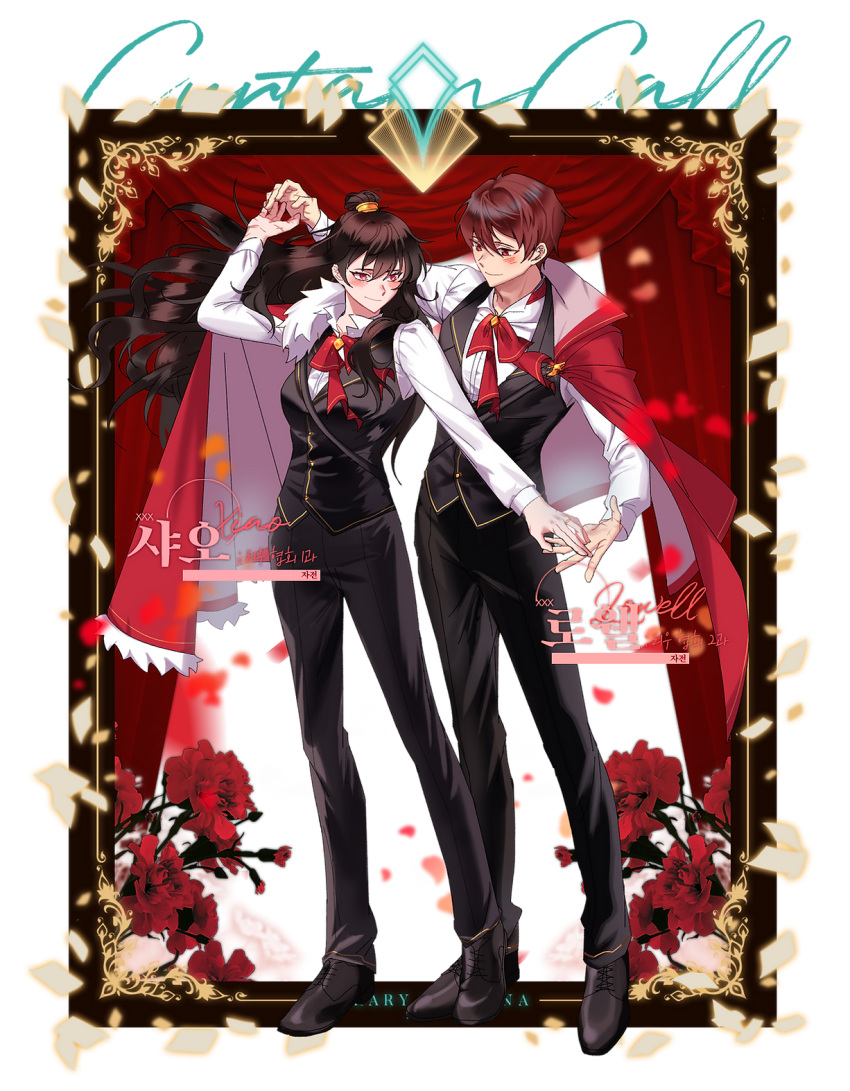 1boy 1girl black_footwear black_pants black_vest bow bowtie brown_hair cape character_name closed_mouth collared_shirt full_body gold_trim hair_bun highres holding_hands jajeon_liu library_of_ruina long_hair lowell_(library_of_ruina) pants project_moon red_bow red_bowtie red_cape red_eyes redhead shirt shoes sidelocks smile standing transparent_background very_long_hair vest white_shirt xiao_(library_of_ruina)