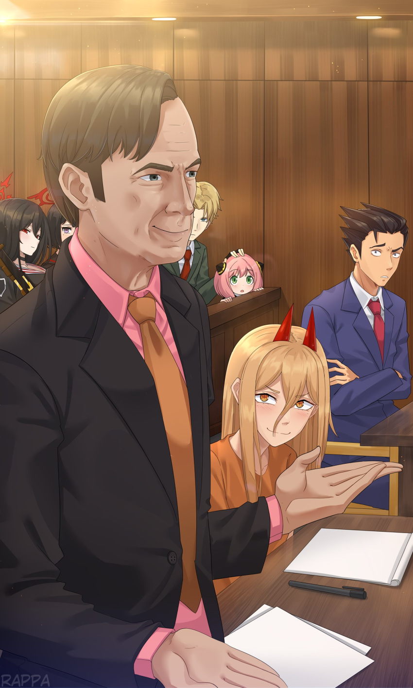 3boys 4girls absurdres ace_attorney anya_(spy_x_family) art_shift bench better_call_saul black_choker black_eyes black_hair blazer blue_archive bolt_action breaking_bad brown_hair brown_necktie business_suit chainsaw_man choker collarbone commentary courtroom crossed_arms crossover eden_academy_school_uniform english_commentary green_eyes gun hair_between_eyes hairpods halo hasumi_(blue_archive) headpat height_difference highres horns indoors jacket light_brown_hair long_hair long_sleeves looking_at_another m1917_enfield mashiro_(blue_archive) medium_hair multiple_boys multiple_crossover multiple_girls necktie notebook orange_eyes over_shoulder papers parted_bangs parted_lips pen phoenix_wright pink_hair power_(chainsaw_man) rappa red_eyes red_necktie rifle saul_goodman school_uniform shirt short_hair sidelocks signature size_difference smile solo_focus spy_x_family suit surprised symbol-shaped_pupils t-shirt table twilight_(spy_x_family) v-shaped_eyebrows violet_eyes weapon weapon_over_shoulder wooden_wall