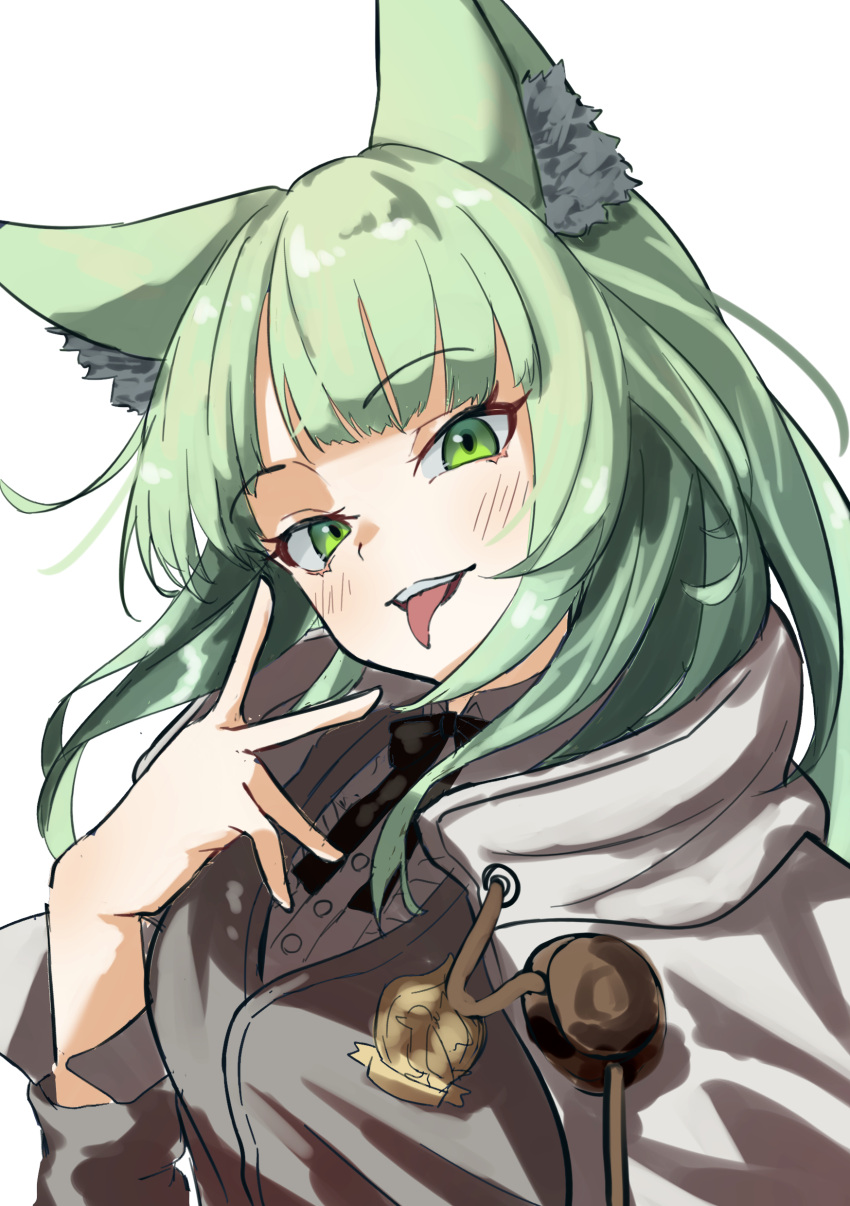 1girl absurdres animal_ear_fluff animal_ears arknights black_bow bow cape collared_shirt commentary_request dress_shirt green_eyes green_hair grey_jacket hand_up harmonie_(arknights) head_tilt highres jacket lamune_otohara long_hair looking_at_viewer shirt simple_background solo teeth tongue tongue_out upper_body upper_teeth_only white_background white_cape white_shirt