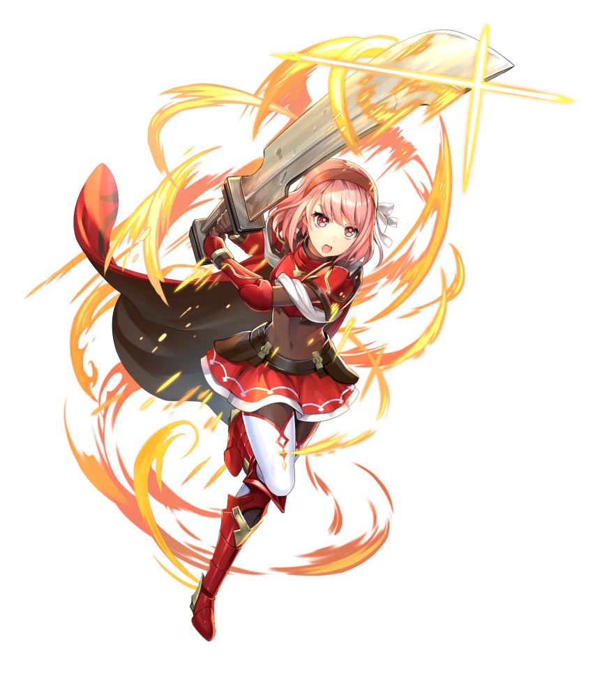 1girl armor armored_boots boots breastplate cape chachie covered_navel fire_emblem fire_emblem_engage fire_emblem_heroes gauntlets hair_ornament hairband highres holding holding_sword holding_weapon lapis_(fire_emblem) leg_up loincloth non-web_source official_art open_mouth pink_hair red_armor red_cape red_eyes short_hair shoulder_armor skin_tight skirt solo sword thigh-highs transparent_background weapon