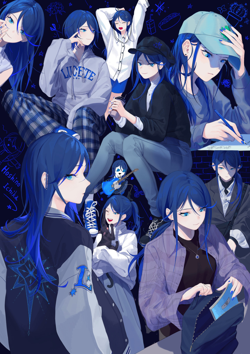 1girl absurdres black_headwear black_jacket blue_eyes blue_hair blue_pants blue_theme cabbie_hat closed_mouth cup denim disposable_cup hat highres holding holding_cup hoshino_ichika_(project_sekai) jacket jeans long_hair long_sleeves looking_at_viewer low_ponytail multiple_views pants project_sekai shirt sitting smile szztzzs white_shirt
