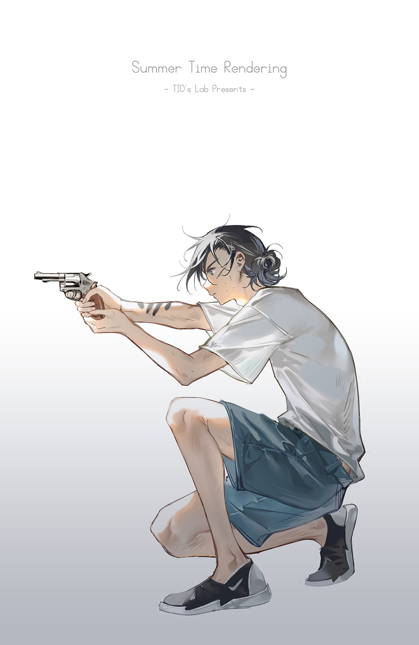 1boy aiming ajiro_shinpei black_eyes black_hair closed_mouth commentary english_commentary english_text from_side full_body gradient_background gun hands_up highres holding holding_gun holding_weapon male_focus shirt short_sleeves shorts solo summertime_render t-shirt tidsean weapon white_shirt