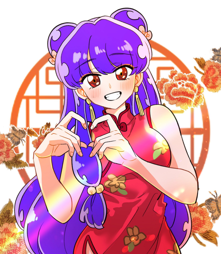1girl bell blush bow china_dress chinese_clothes double_bun dress earrings flower goyobit grin hair_bell hair_bow hair_bun hair_flower hair_ornament heart heart_hands highres jewelry long_hair looking_at_viewer purple_hair ranma_1/2 red_dress red_eyes round_window shampoo_(ranma_1/2) sidelocks simple_background smile solo white_background window
