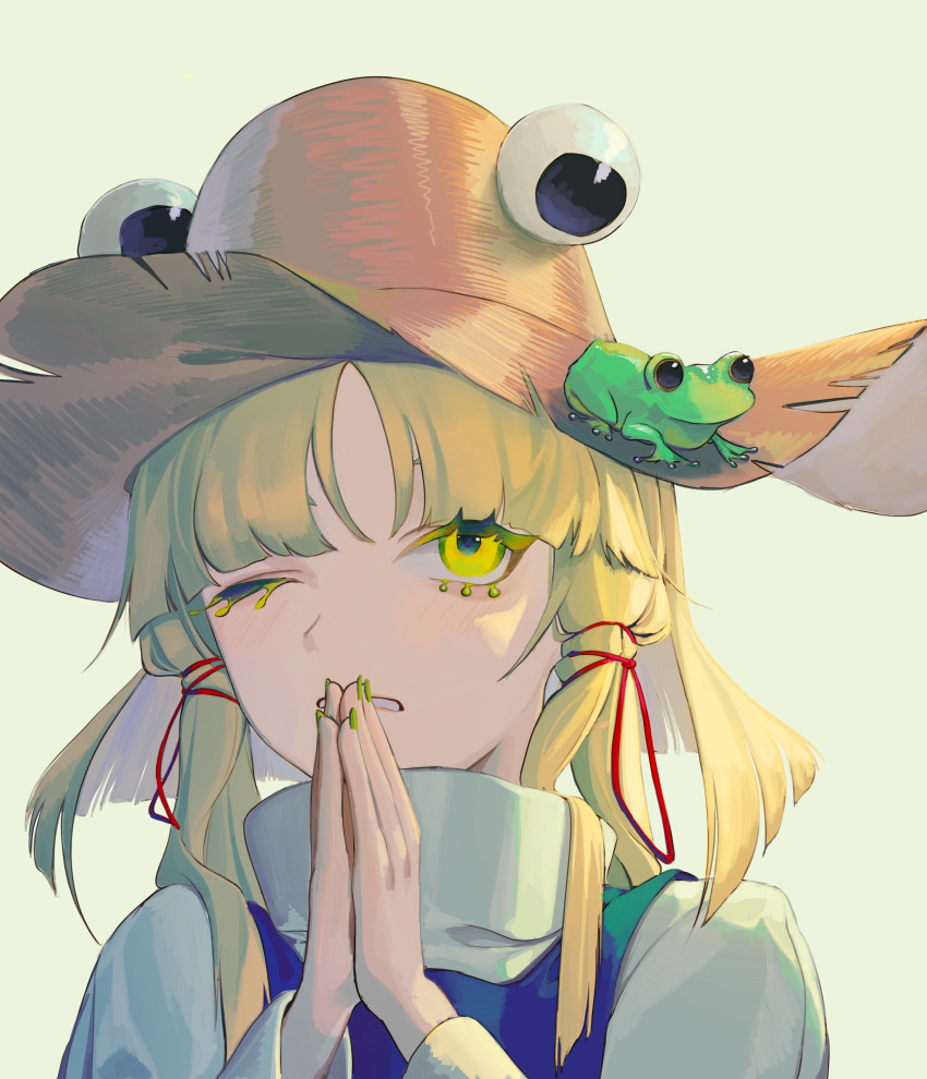 1girl absurdres blonde_hair dress frog frog_on_head highres long_hair long_sleeves moriya_suwako one_eye_closed parted_lips portrait praying pyonta sidelocks simple_background solo szztzzs touhou turtleneck_dress white_background white_dress yellow_eyes yellow_nails
