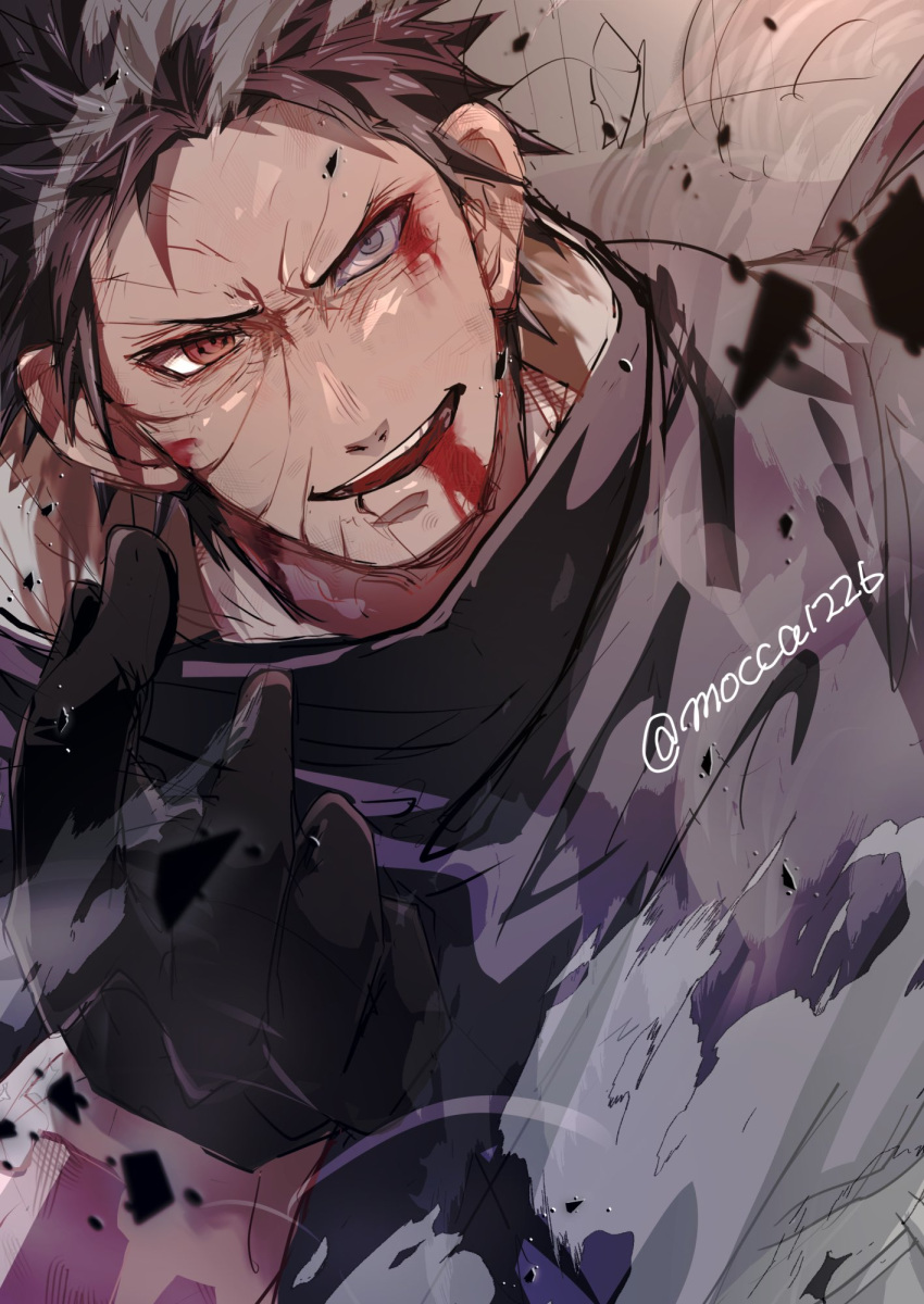 1boy black_gloves black_hair bleeding blood blood_from_eyes blood_from_mouth gloves hand_up highres male_focus mismatched_sclera mocca1226 naruto_(series) naruto_shippuuden red_eyes rinnegan scar scar_on_face sharingan short_hair smirk solo uchiha_obito upper_body