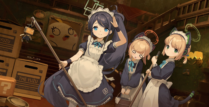 &lt;key&gt;_(robot)_(blue_archive) 4girls ?_block absurdly_long_hair absurdres animal_ear_headphones animal_ears apron aris_(blue_archive) aris_(maid)_(blue_archive) black_hair blue_archive blue_eyes blunt_bangs box bucket cardboard_box cat_ear_headphones cat_tail character_name commentary_request fake_animal_ears fake_tail frilled_apron frills green_eyes halo headphones hiding highres holding holding_bucket holding_mop in_box in_container indoors light_brown_hair long_hair long_sleeves looking_at_viewer maid maid_apron maid_headdress metal_gear_(series) metal_gear_solid midori_(blue_archive) midori_(maid)_(blue_archive) momoi_(blue_archive) momoi_(maid)_(blue_archive) mop multiple_girls official_alternate_costume official_alternate_hairstyle painting_(object) pantyhose parody parted_bangs peroro_(blue_archive) robotic_vacuum_cleaner salute shijiuuuuuuu short_sleeves side_ponytail sidelocks smile super_mario_bros. tail treasure_chest very_long_hair white_apron white_pantyhose wristband yuzu_(blue_archive) yuzu_(maid)_(blue_archive)
