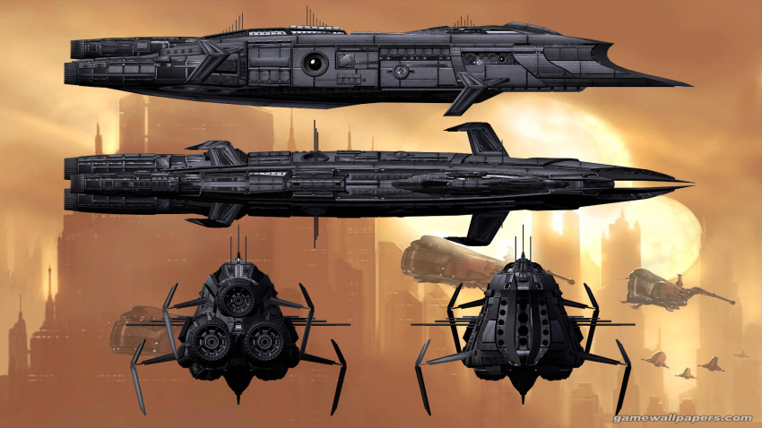 3d battleship_(eve_online) building clouds cloudy_sky commentary concept_art eve_online flying from_side highres military_vehicle multiple_views no_humans nym182 orange_theme original outdoors reference_sheet science_fiction sky skyscraper spacecraft thrusters vehicle_focus