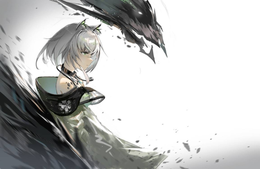 1girl 1other animal_ears arknights bare_shoulders black_collar cat_ears closed_mouth collar commentary_request countryman_(artist) from_side green_eyes grey_hair hair_between_eyes kal'tsit_(arknights) looking_to_the_side medium_hair mon3tr_(arknights) off-shoulder_jacket off_shoulder oripathy_lesion_(arknights) profile simple_background upper_body white_background