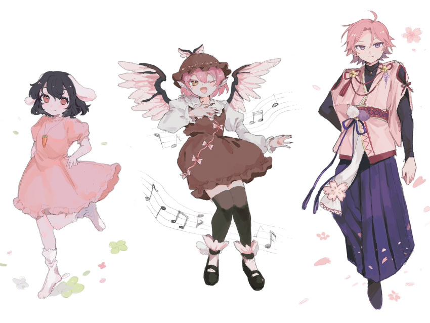 1boy 2girls animal_ears beamed_eighth_notes bird_ears bird_wings black_footwear black_hair black_thighhighs brown_dress brown_headwear carrot_necklace closed_mouth collared_shirt crossover dress eighth_note ensemble_stars! fingernails hair_between_eyes hat highres inaba_tewi jewelry long_fingernails long_sleeves multiple_girls musical_note mystia_lorelei nail_polish necklace one_eye_closed open_mouth oukawa_kohaku pink_dress pink_eyes pink_hair pink_wings plumapple3 quarter_note rabbit_ears red_eyes red_nails sharp_fingernails shirt shoes short_hair short_sleeves simple_background smile socks thigh-highs touhou white_background white_shirt white_socks winged_footwear winged_hat wings yellow_eyes