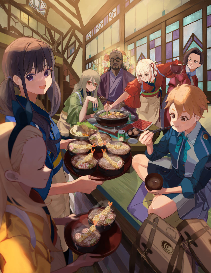 1boy 6+girls absurdres aqua_ribbon black_hair blonde_hair blue_dress blue_kimono blue_ribbon blush brown_eyes brown_hair can chopsticks clenched_teeth closed_eyes closed_mouth collared_shirt commentary_request cup dress eating food food_on_face food_request glasses green_eyes green_kimono grey_dress hair_between_eyes hair_ribbon harukawa_fuki highres holding holding_cup indian_style indoors inoue_takina japanese_clothes kimono kurumi_(lycoris_recoil) licking_lips long_hair looking_at_viewer lycoris_recoil lycoris_uniform mika_(lycoris_recoil) multiple_girls nakahara_mizuki neck_ribbon nishikigi_chisato official_alternate_costume one_side_up open_mouth otome_sakura pleated_dress red_dress red_kimono red_ribbon ribbon shirasuke_0822 shirt short_hair sidelocks sitting smile star-shaped_pupils star_(symbol) symbol-shaped_pupils table teeth tongue tongue_out twintails two-tone_dress violet_eyes white_shirt yellow_kimono
