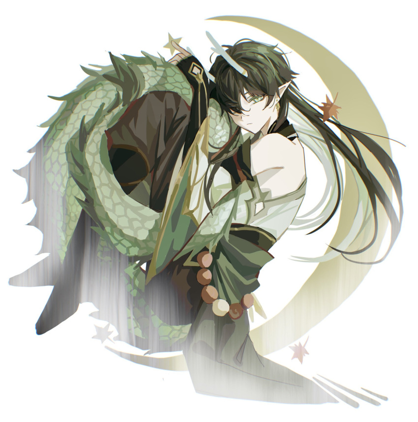 1boy bare_shoulders black_footwear chinese_clothes closed_mouth commentary dan_heng_(honkai:_star_rail) dan_heng_(imbibitor_lunae)_(honkai:_star_rail) detached_sleeves dragon_boy dragon_horns dragon_tail fetal_position fingerless_gloves gloves highres honkai:_star_rail honkai_(series) horns leaf long_hair looking_at_viewer male_focus maple_leaf mipapayaii00 shirt simple_background solo star_(symbol) symbol-only_commentary tail white_background white_shirt