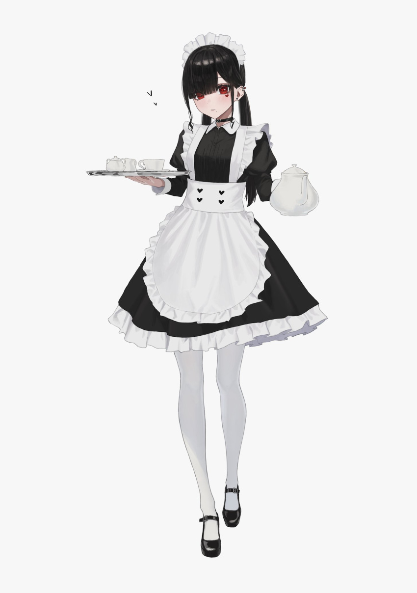 1girl apron black_choker black_dress black_footwear black_hair blunt_bangs blush choker commentary_request cup dress ear_piercing earrings enokawa_kokoro expressionless facial_mark frilled_apron frilled_dress frills full_body hara_kenshi heart heart_choker highres holding holding_teapot holding_tray jewelry long_hair looking_at_viewer maid maid_apron maid_headdress mary_janes mole mole_under_mouth original pantyhose piercing red_eyes saucer shoes sidelocks simple_background solo standing stud_earrings teacup teapot tray white_apron white_background white_pantyhose