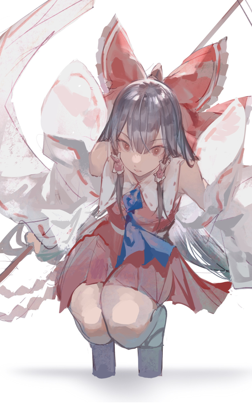 1girl absurdres ascot bare_shoulders black_hair blue_ascot bow breasts brown_eyes detached_sleeves frilled_bow frilled_hair_tubes frills full_body hair_between_eyes hair_bow hair_tubes hakurei_reimu highres knees knees_together_feet_apart long_hair long_sleeves pleated_skirt red_bow red_skirt red_vest sidelocks simple_background skirt skirt_set small_breasts solo squatting tiptoes touhou very_long_hair vest wb_yimo white_background wide_sleeves wing_collar