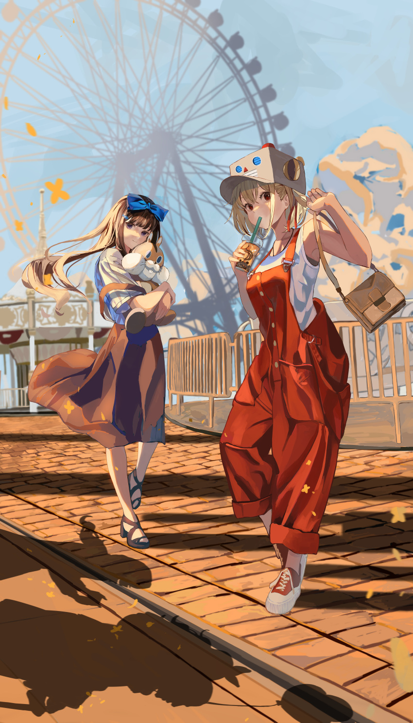 1boy 4girls absurdres amusement_park armpits bag balloon black_hair blonde_hair blue_sky bow brick_floor bubble_tea carousel carrying clouds commentary_request cup drinking evening ferris_wheel full_body hair_bow hat high_heels highres holding holding_cup inoue_takina kurumi_(lycoris_recoil) leaf long_hair looking_at_viewer lycoris_recoil mika_(lycoris_recoil) multiple_girls nakahara_mizuki nishikigi_chisato outdoors overalls red_eyes robota_(lycoris_recoil) school_bag shadow shirasuke_0822 shirt shoes short_hair shoulder_carry skirt sky smile sneakers squirrel stuffed_toy sunlight t-shirt violet_eyes